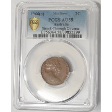 AUSTRALIA 1966 . TWO 2 CENTS . MAJOR ERROR . STRUCK THRU OBVERSE